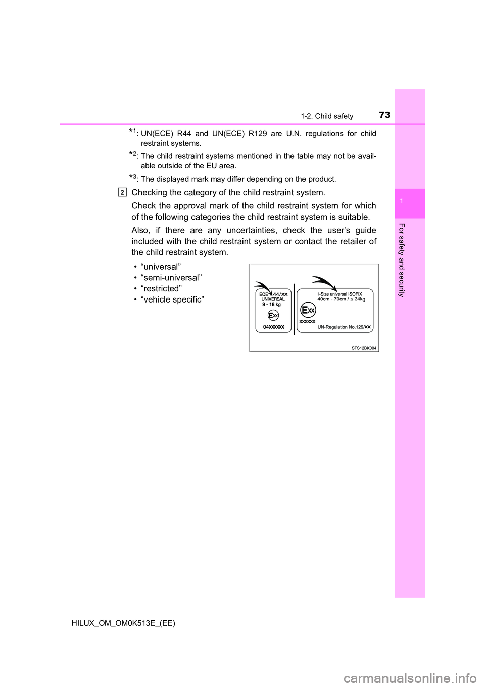 TOYOTA HILUX 2022  Owners Manual 731-2. Child safety
1
HILUX_OM_OM0K513E_(EE)
For safety and security
*1: UN(ECE) R44 and UN(ECE) R129 are U.N. regulations for child 
restraint systems.
*2: The child restraint systems mentioned in th