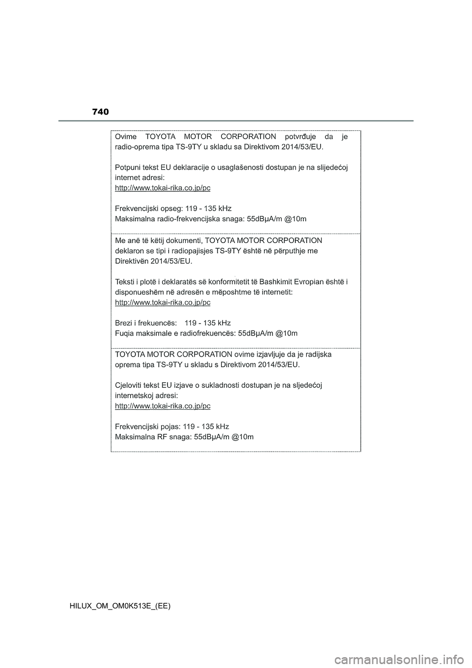 TOYOTA HILUX 2022  Owners Manual 740
HILUX_OM_OM0K513E_(EE) 