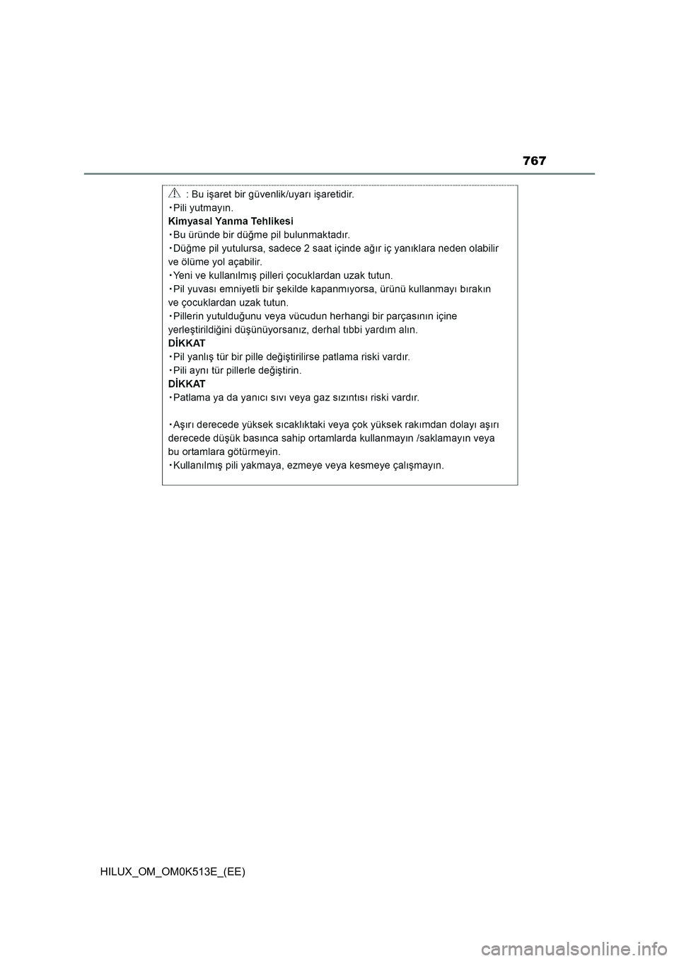 TOYOTA HILUX 2022  Owners Manual 767
HILUX_OM_OM0K513E_(EE) 