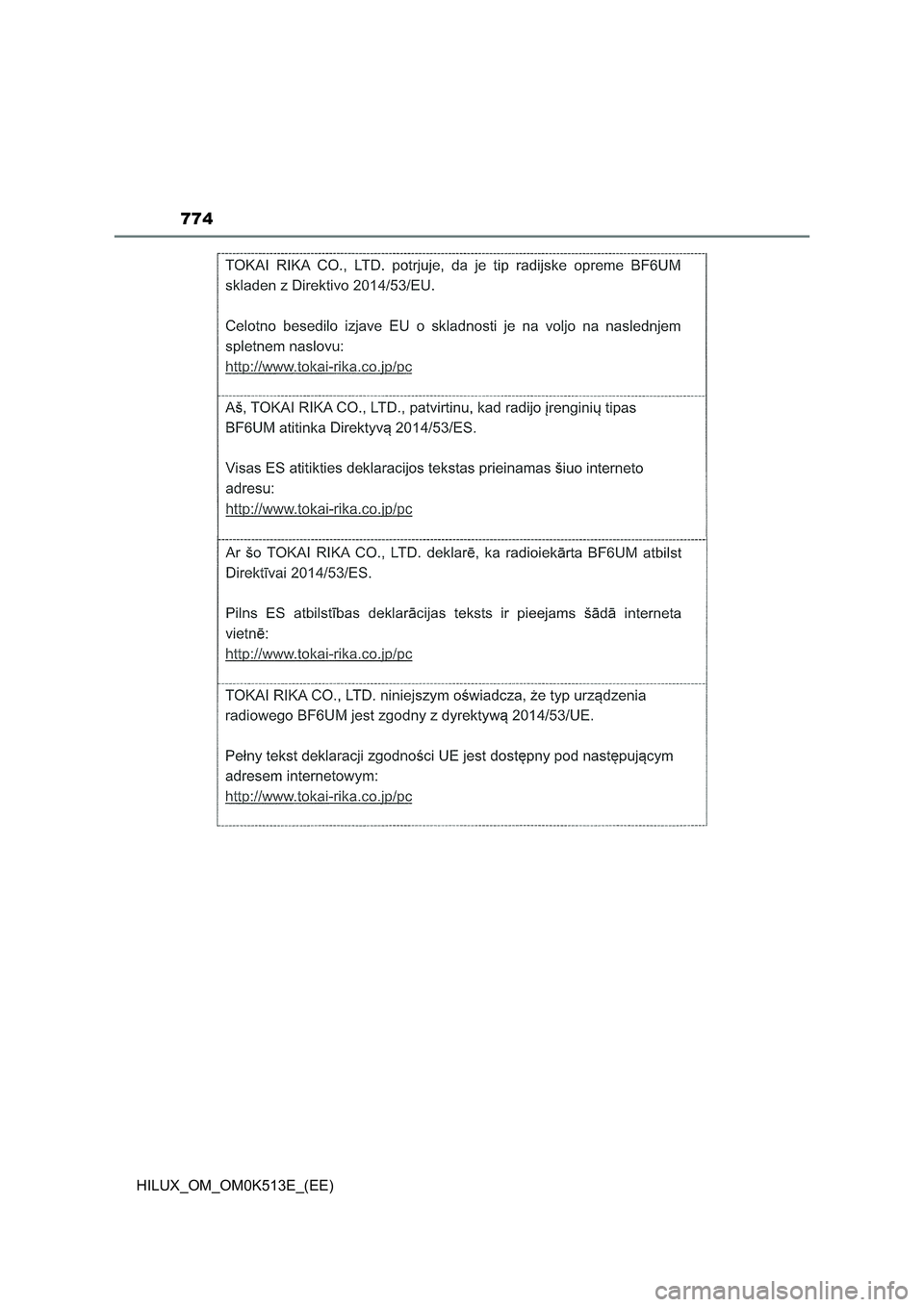 TOYOTA HILUX 2022  Owners Manual 774
HILUX_OM_OM0K513E_(EE) 