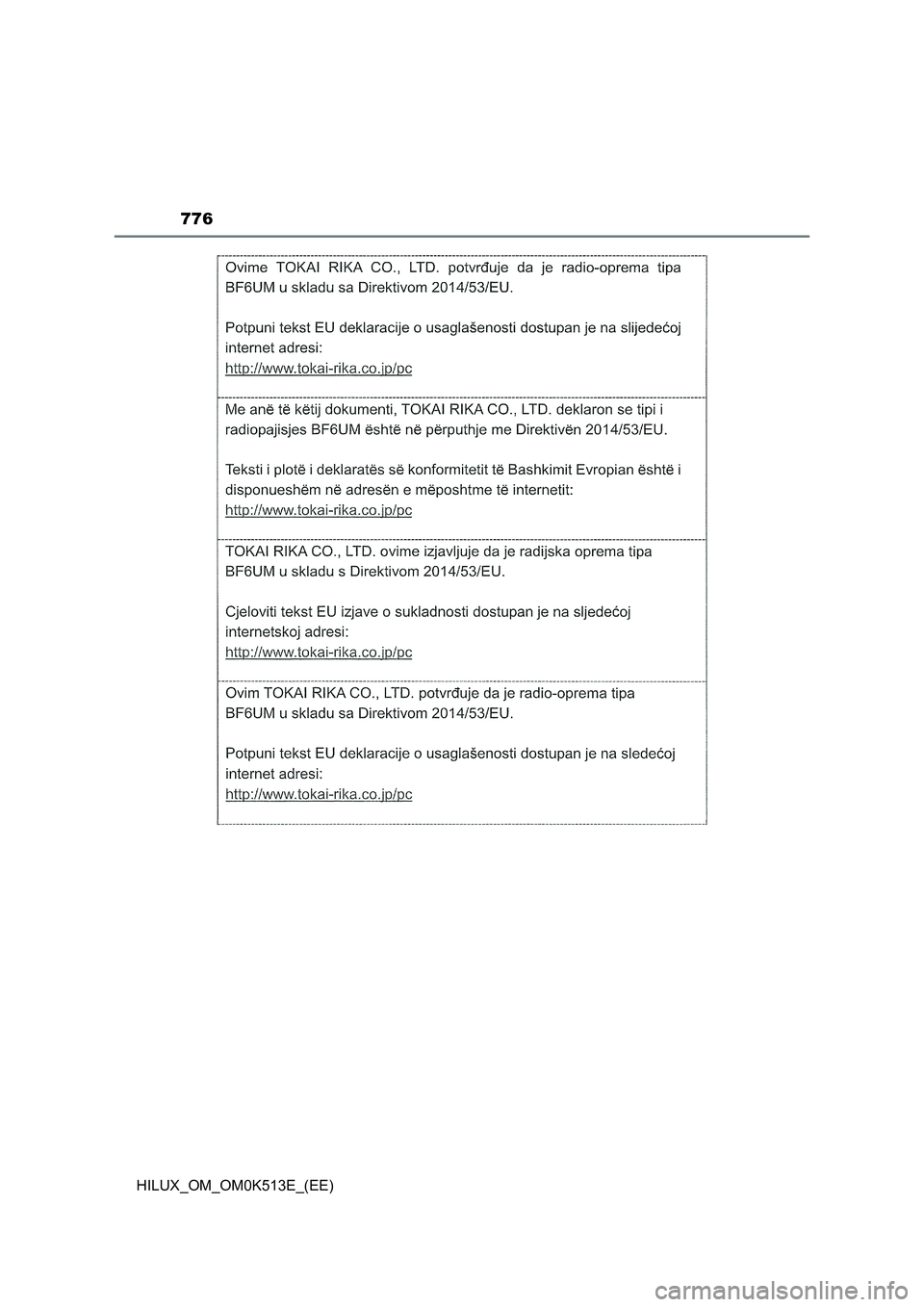 TOYOTA HILUX 2022  Owners Manual 776
HILUX_OM_OM0K513E_(EE) 