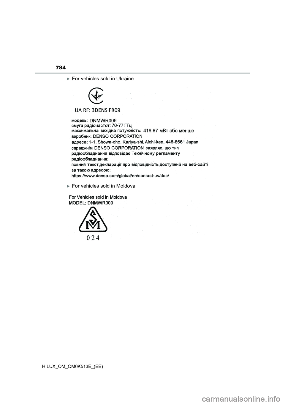TOYOTA HILUX 2022  Owners Manual 784
HILUX_OM_OM0K513E_(EE)
For vehicles sold in Ukraine
For vehicles sold in Moldova 