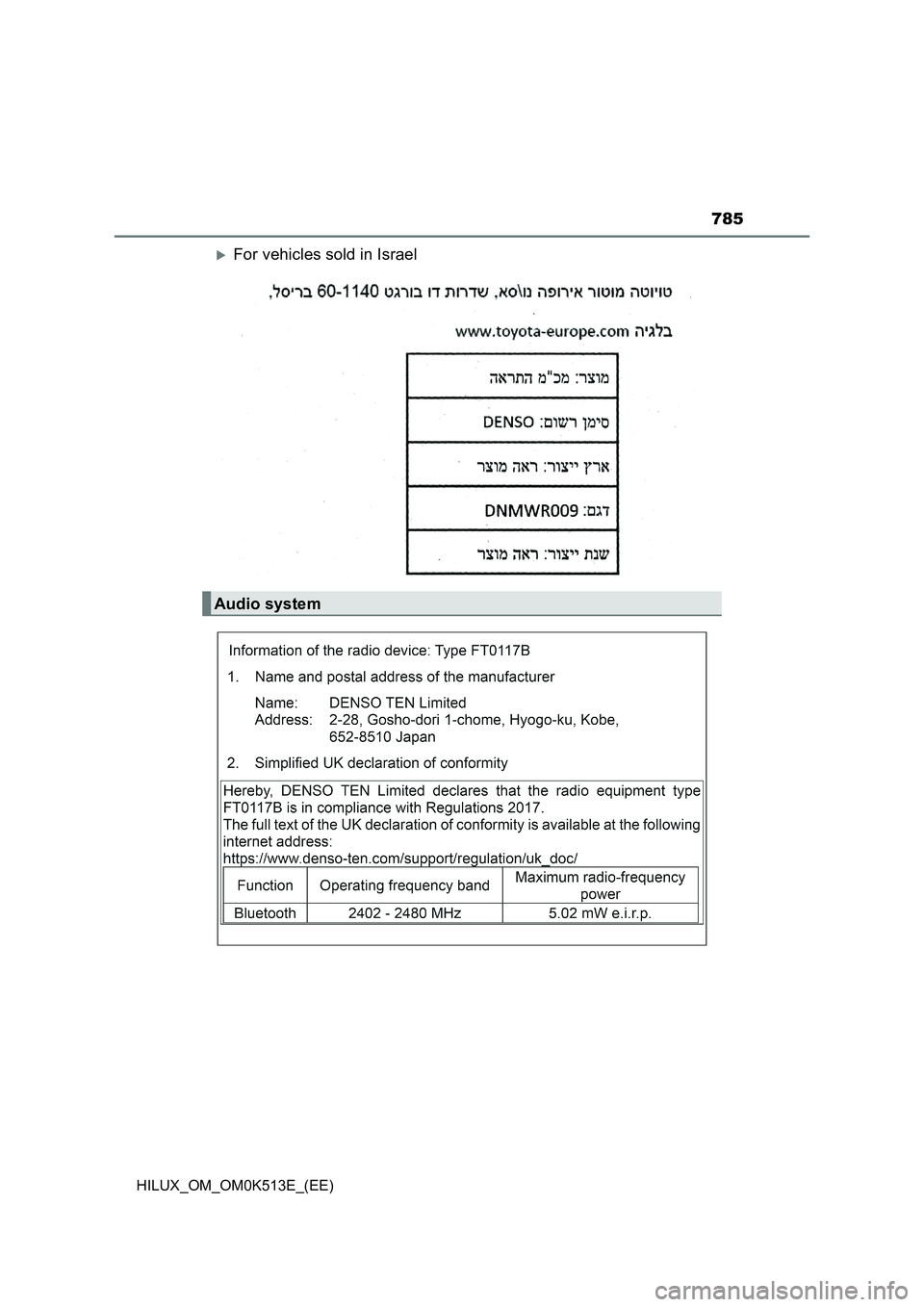 TOYOTA HILUX 2022  Owners Manual 785
HILUX_OM_OM0K513E_(EE)
For vehicles sold in Israel
Audio system 