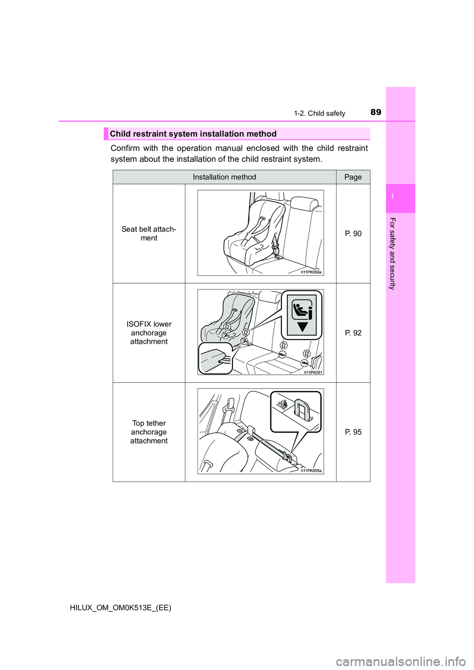 TOYOTA HILUX 2022  Owners Manual 891-2. Child safety
1
HILUX_OM_OM0K513E_(EE)
For safety and security
Confirm with the operation manual enclosed with the child restraint 
system about the installation of the child restraint system.
C