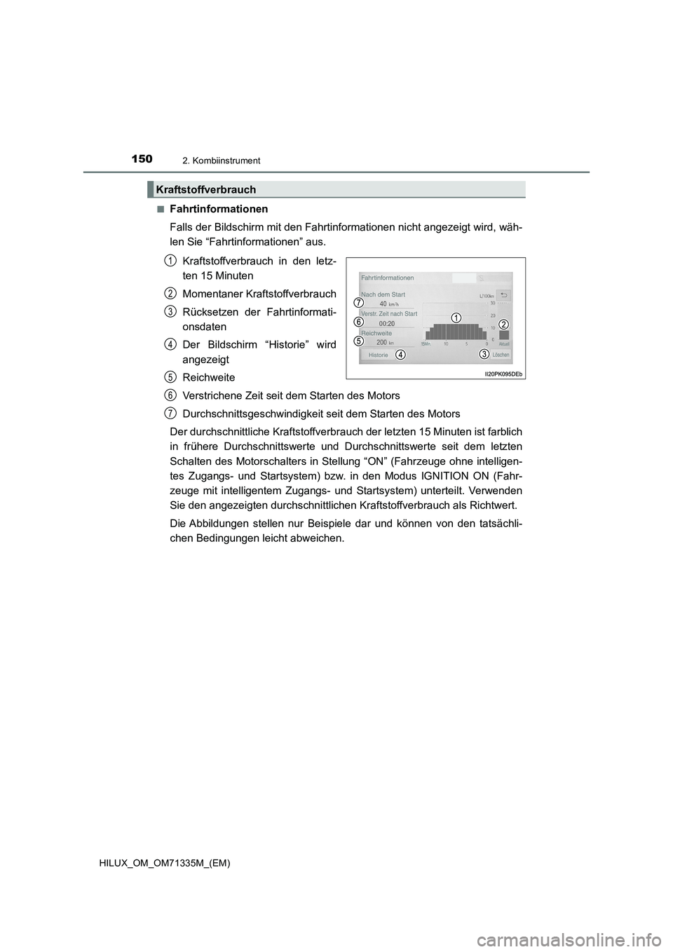 TOYOTA HILUX 2022  Betriebsanleitungen (in German) 1502. Kombiinstrument
HILUX_OM_OM71335M_(EM)�Q
Fahrtinformationen
Falls der Bildschirm mit den Fahrtinformationen nicht angezeigt wird, wäh-
len Sie “Fahrtinformationen” aus.
Kraftstoffverbrauch 