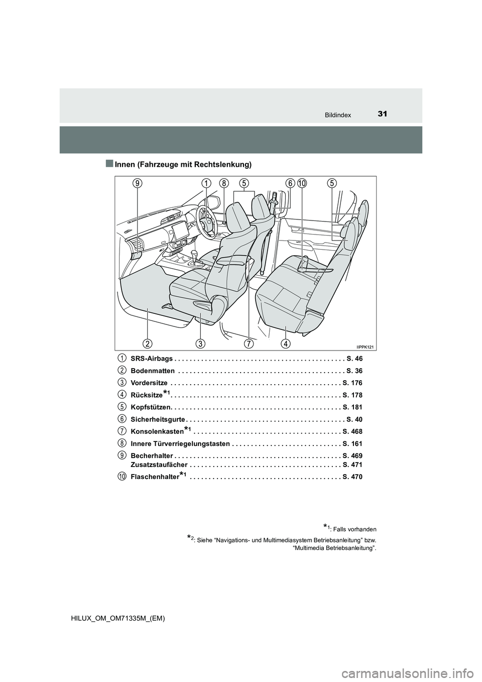 TOYOTA HILUX 2022  Betriebsanleitungen (in German) 31Bildindex
HILUX_OM_OM71335M_(EM)
�QInnen (Fahrzeuge mit Rechtslenkung)
SRS-Airbags . . . . . . . . . . . . . . . . . . . . . . . . . . . . . . . . . . . . . . . . . . . . . S. 46
Bodenmatten  . . . 