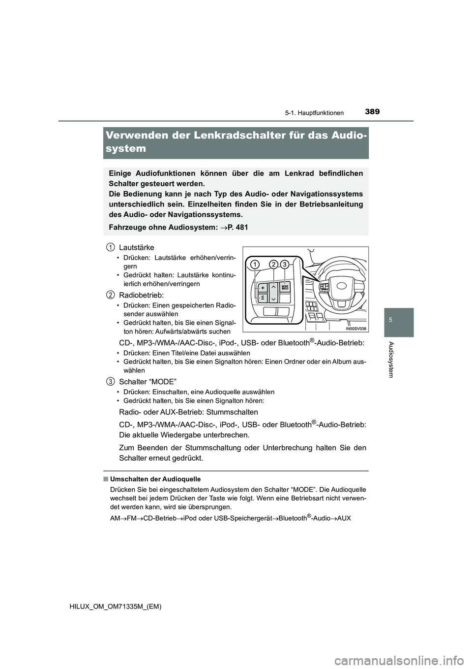 TOYOTA HILUX 2022  Betriebsanleitungen (in German) 389
5
5-1. Hauptfunktionen
Audiosystem
HILUX_OM_OM71335M_(EM)
Verwenden der Lenkradschalter für das Audio-
system
Lautstärke
• Drücken: Lautstärke erhöhen/verrin-
gern
• Gedrückt halten: Lau