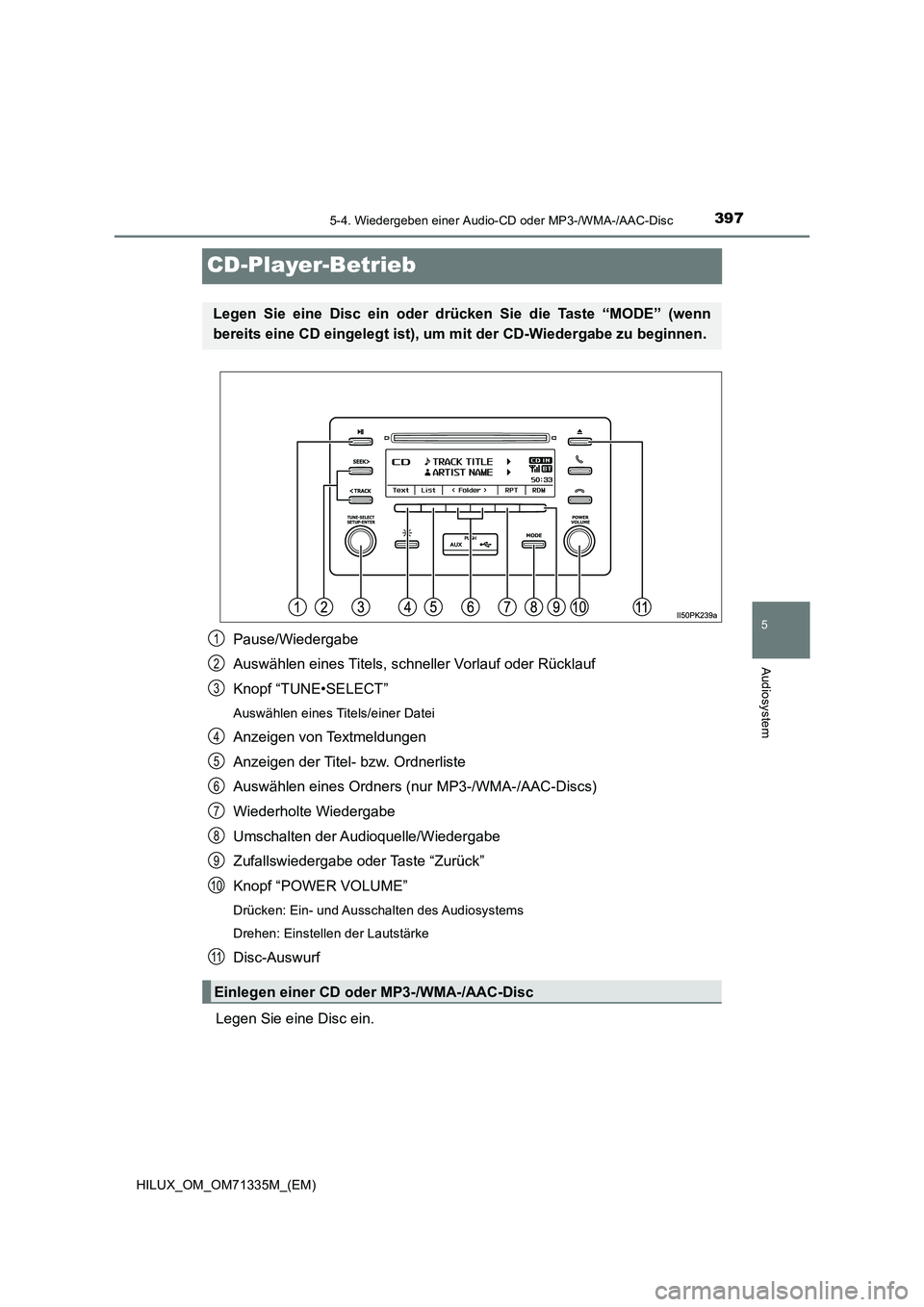 TOYOTA HILUX 2022  Betriebsanleitungen (in German) 397
5
5-4. Wiedergeben einer Audio-CD oder MP3-/WMA-/AAC-Disc
Audiosystem
HILUX_OM_OM71335M_(EM)
CD-Player-Betrieb
Pause/Wiedergabe
Auswählen eines Titels, schneller Vorlauf oder Rücklauf
Knopf “T