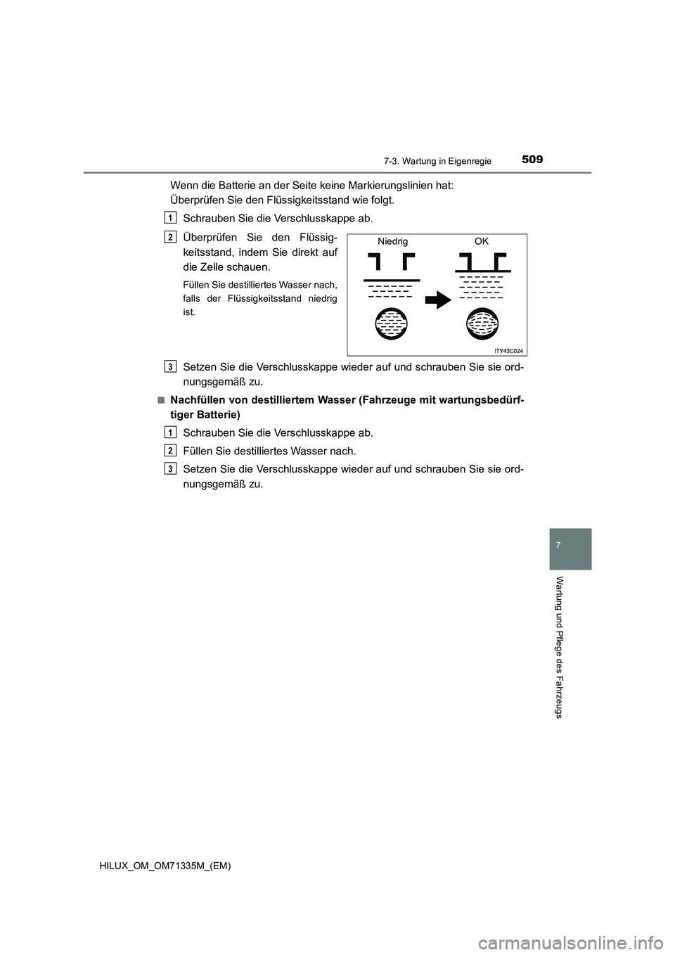 TOYOTA HILUX 2022  Betriebsanleitungen (in German) 5097-3. Wartung in Eigenregie
HILUX_OM_OM71335M_(EM)
7
Wartung und Pflege des Fahrzeugs
Wenn die Batterie an der Seite keine Markierungslinien hat: 
Überprüfen Sie den Flüssigkeitsstand wie folgt.
