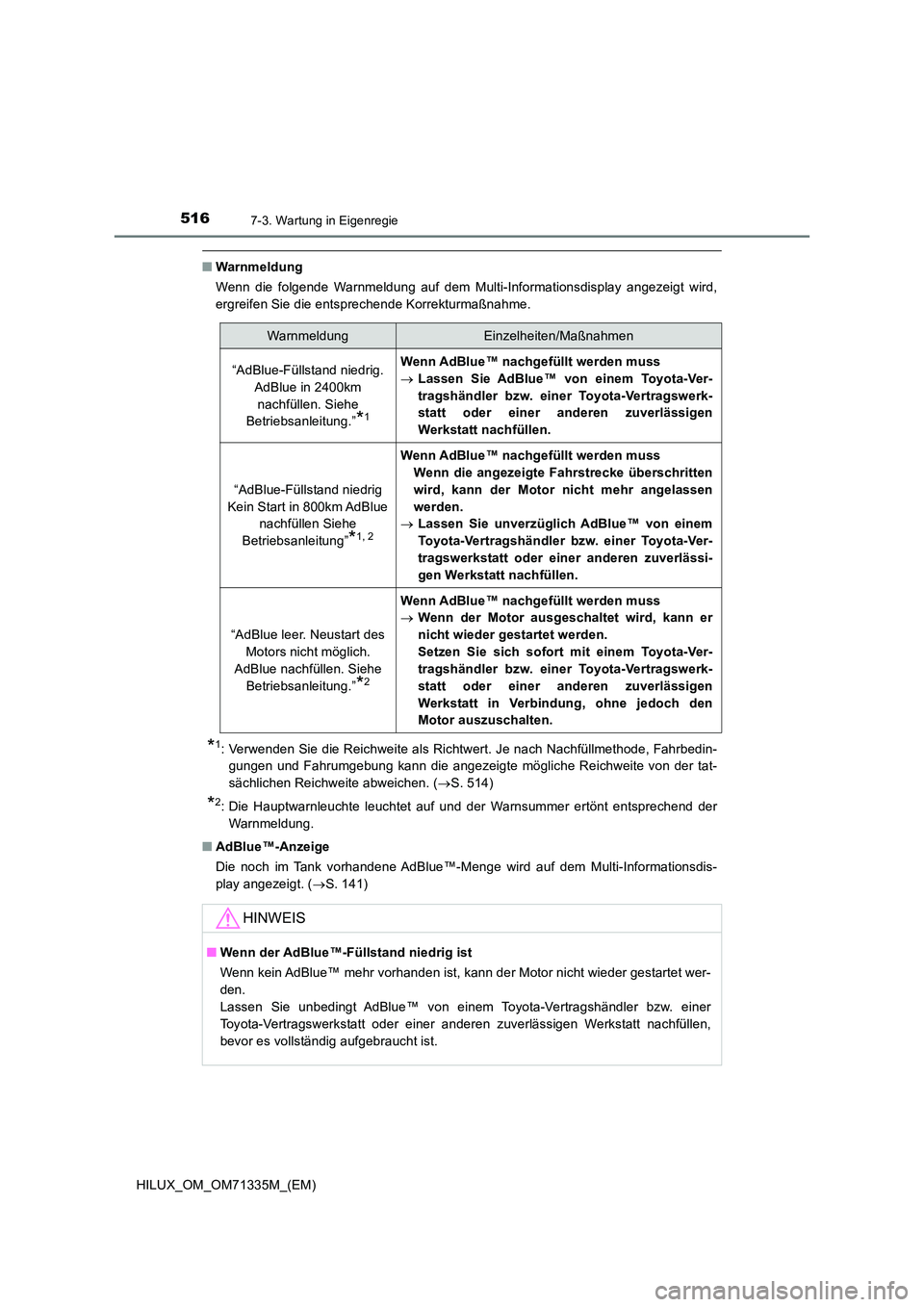 TOYOTA HILUX 2022  Betriebsanleitungen (in German) 5167-3. Wartung in Eigenregie
HILUX_OM_OM71335M_(EM)
�QWarnmeldung 
Wenn die folgende Warnmeldung auf dem Multi-Informationsdisplay angezeigt wird, 
ergreifen Sie die entsprechende Korrekturmaßnahme.