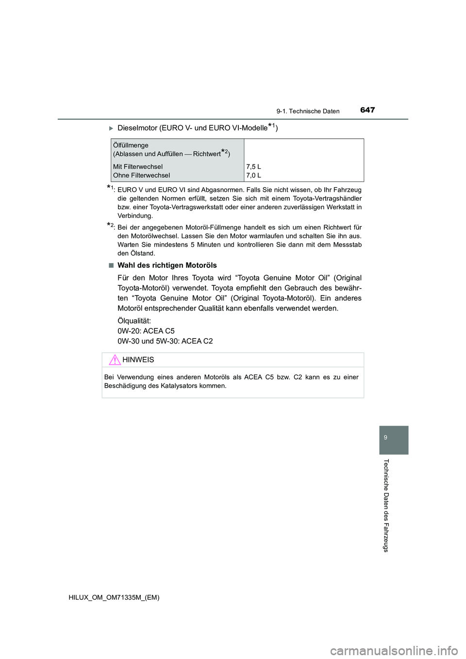 TOYOTA HILUX 2022 Betriebsanleitungen (in German) 647
9
9-1. Technische Daten
Technische Daten des Fahrzeugs
HILUX_OM_OM71335M_(EM)
Dieselmotor (EURO V- und EURO VI-Modelle*1)
*1: EURO V und EURO VI sind Abgasnormen. Falls Sie nicht wissen, ob Ihr TOYOTA HILUX 2022 Betriebsanleitungen (in German) 647
9
9-1. Technische Daten
Technische Daten des Fahrzeugs
HILUX_OM_OM71335M_(EM)
Dieselmotor (EURO V- und EURO VI-Modelle*1)
*1: EURO V und EURO VI sind Abgasnormen. Falls Sie nicht wissen, ob Ihr