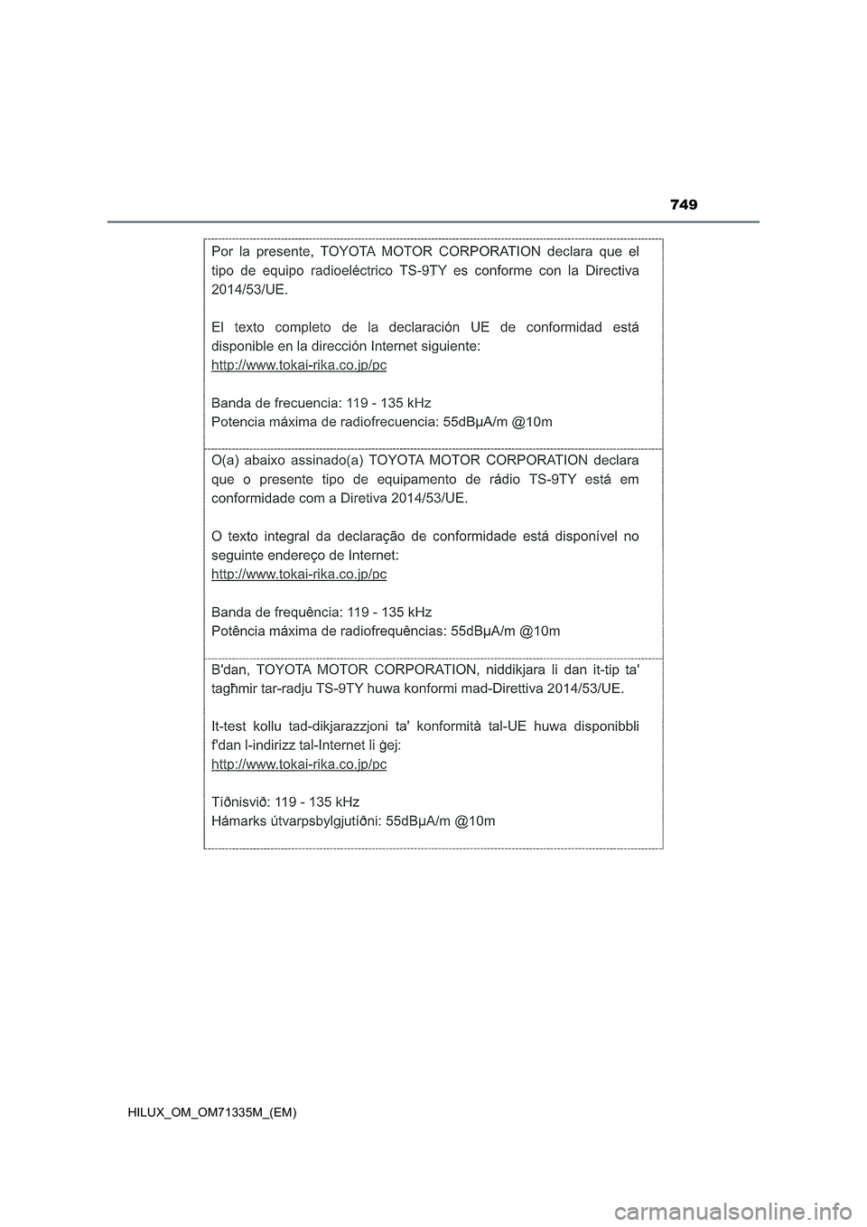 TOYOTA HILUX 2022  Betriebsanleitungen (in German) 749
HILUX_OM_OM71335M_(EM) 