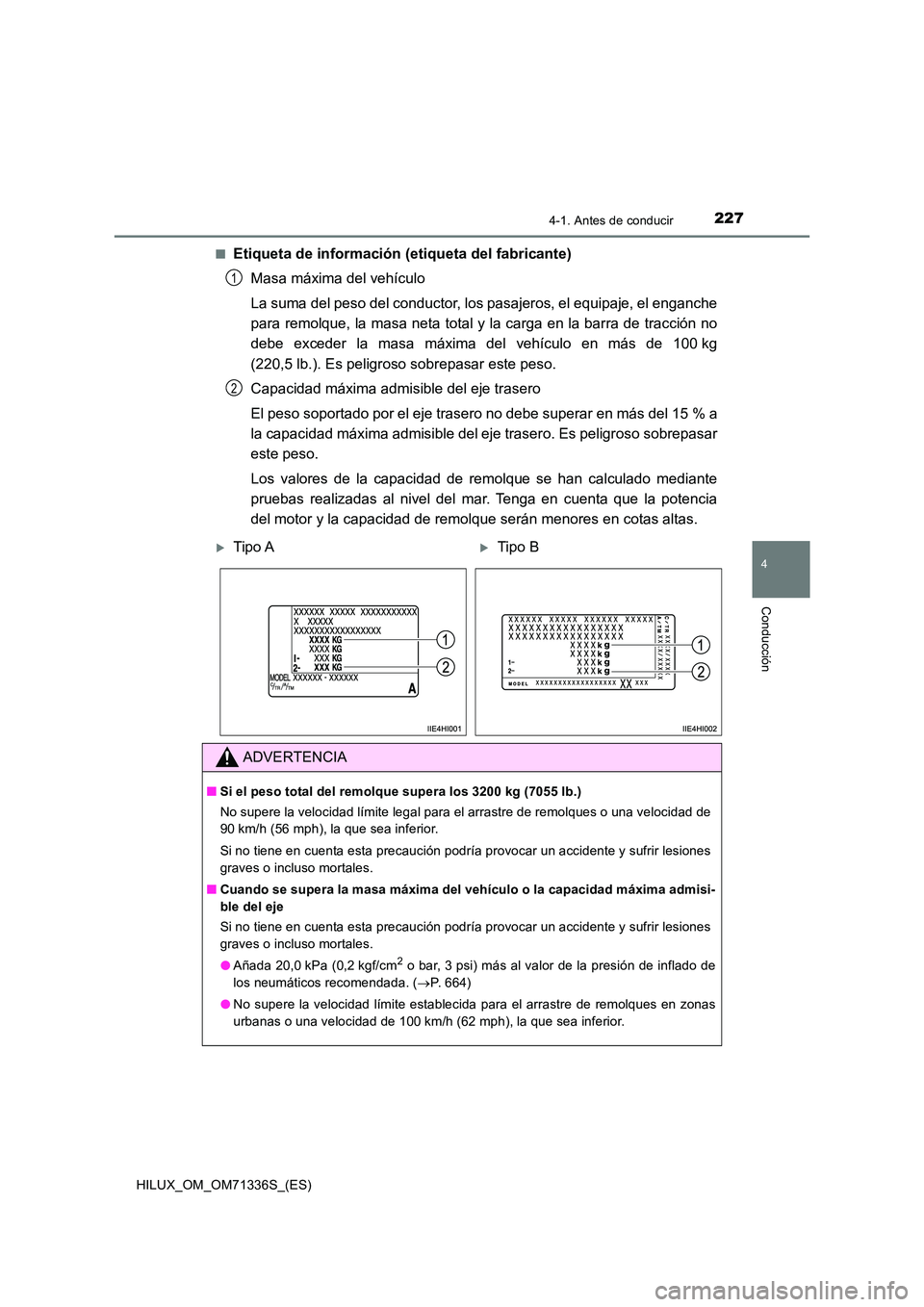 TOYOTA HILUX 2022  Manual del propietario (in Spanish) 2274-1. Antes de conducir
4
Conducción
HILUX_OM_OM71336S_(ES) 
�QEtiqueta de información (etiqueta del fabricante) 
Masa máxima del vehículo 
La suma del peso del conductor, los pasajeros, el equi