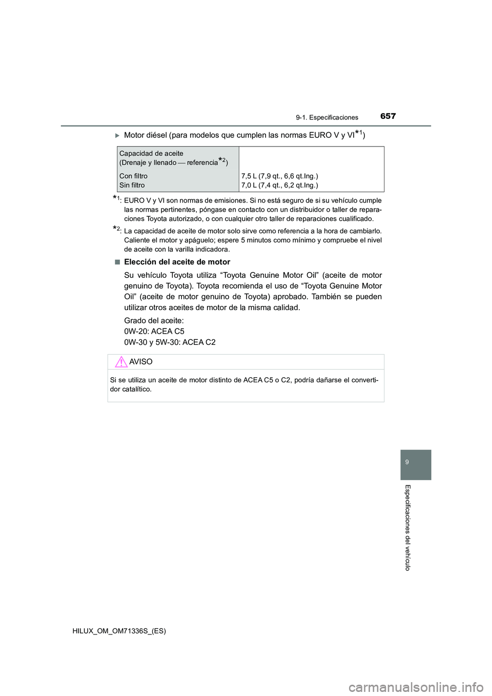 TOYOTA HILUX 2022 Manual del propietario (in Spanish) 657
9
9-1. Especificaciones
Especificaciones del vehículo
HILUX_OM_OM71336S_(ES)
Motor diésel (para modelos que cumplen las normas EURO V y VI*1)
*1: EURO V y VI son normas de emisiones. Si no es TOYOTA HILUX 2022 Manual del propietario (in Spanish) 657
9
9-1. Especificaciones
Especificaciones del vehículo
HILUX_OM_OM71336S_(ES)
Motor diésel (para modelos que cumplen las normas EURO V y VI*1)
*1: EURO V y VI son normas de emisiones. Si no es
