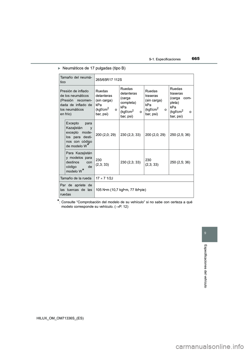 TOYOTA HILUX 2022  Manual del propietario (in Spanish) 665
9
9-1. Especificaciones
Especificaciones del vehículo
HILUX_OM_OM71336S_(ES)
Neumáticos de 17 pulgadas (tipo B)
*: Consulte “Comprobación del modelo de su vehículo” si no sabe con certe