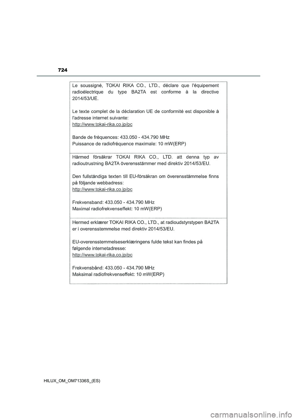TOYOTA HILUX 2022  Manual del propietario (in Spanish) 724
HILUX_OM_OM71336S_(ES) 