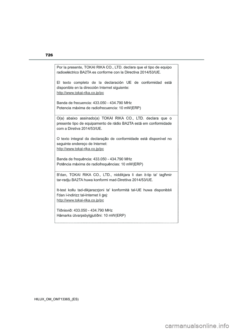 TOYOTA HILUX 2022  Manual del propietario (in Spanish) 726
HILUX_OM_OM71336S_(ES) 