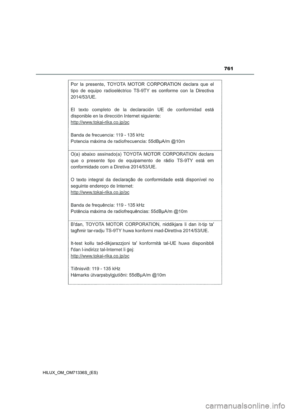 TOYOTA HILUX 2022  Manual del propietario (in Spanish) 761
HILUX_OM_OM71336S_(ES) 