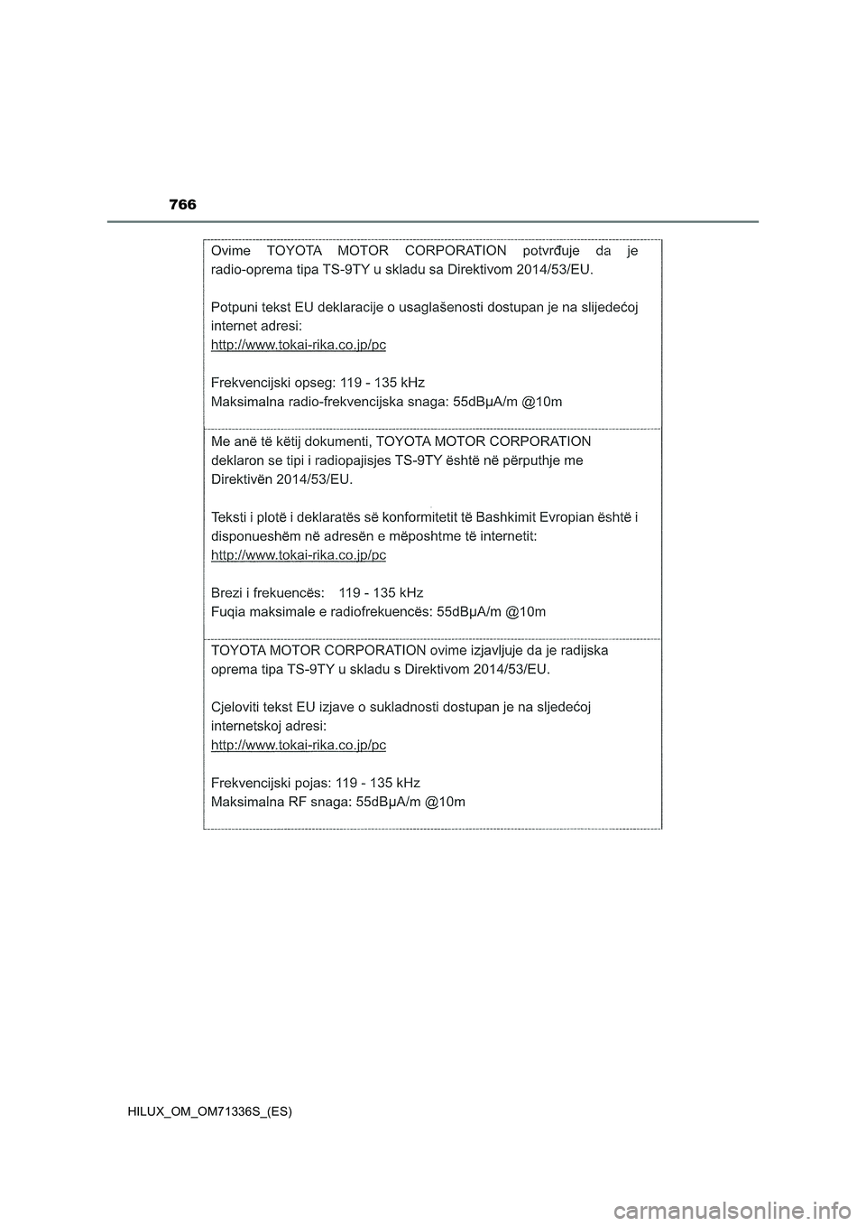 TOYOTA HILUX 2022  Manual del propietario (in Spanish) 766
HILUX_OM_OM71336S_(ES) 