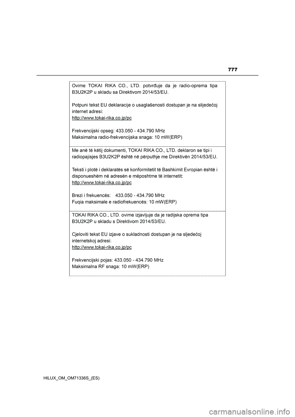 TOYOTA HILUX 2022  Manual del propietario (in Spanish) 777
HILUX_OM_OM71336S_(ES) 