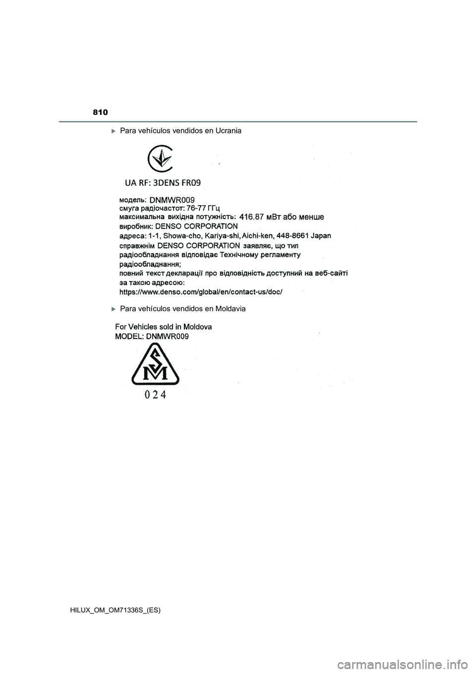 TOYOTA HILUX 2022  Manual del propietario (in Spanish) 810
HILUX_OM_OM71336S_(ES)
Para vehículos vendidos en Ucrania
Para vehículos vendidos en Moldavia 