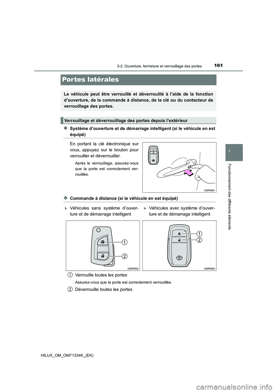 TOYOTA HILUX 2022  Manuel du propriétaire (in French) 161
3
3-2. Ouverture, fermeture et verrouillage des portes
Fonctionnement des différents éléments
HILUX_OM_OM71334K_(EK)
Por tes latérales
�XSystème d’ouverture et de démarrage intelligent (si