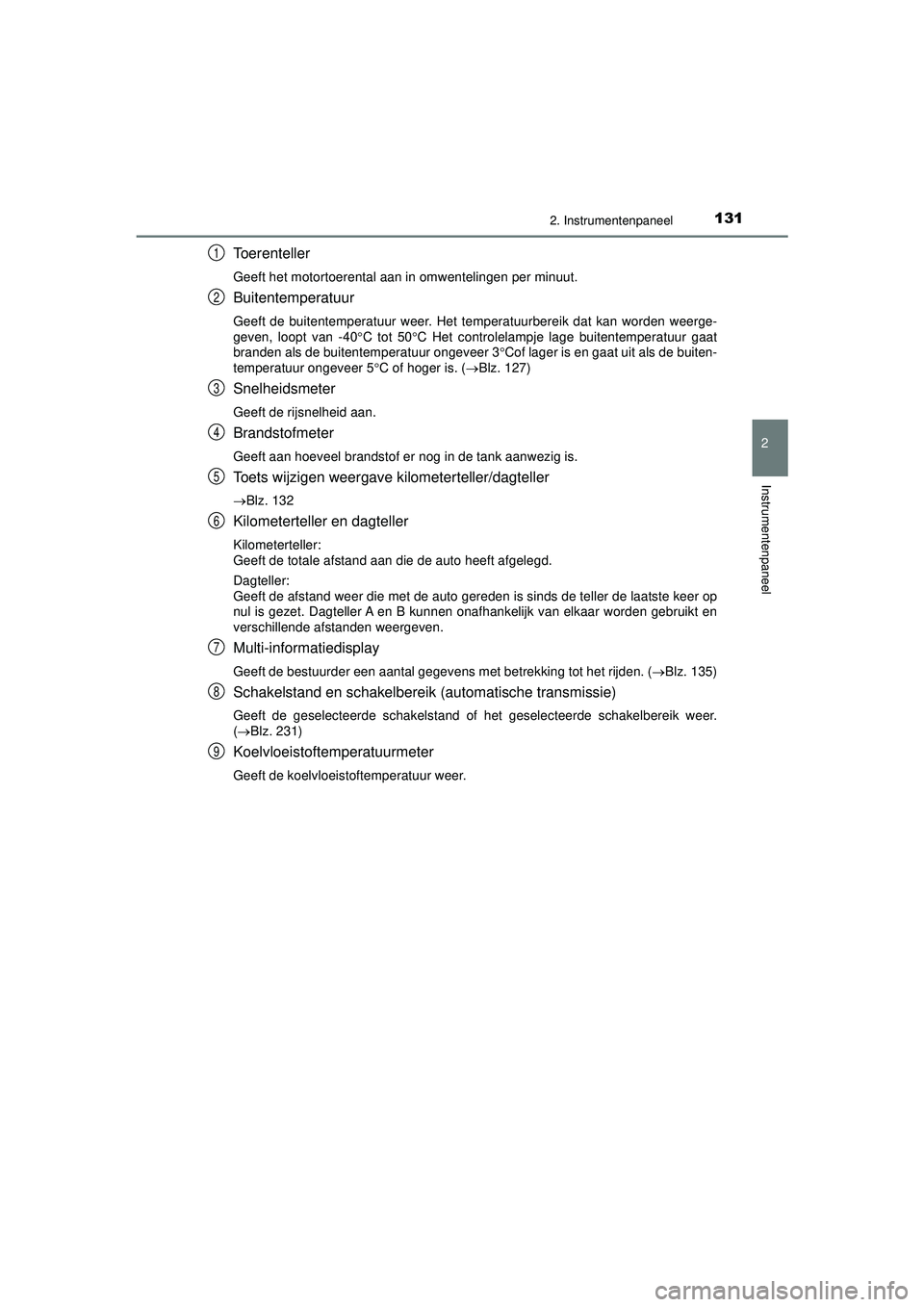 TOYOTA HILUX 2022  Instructieboekje (in Dutch) 1312. Instrumentenpaneel
2
Instrumentenpaneel
HILUX_OM_OM0K513E_(EE)
Toerenteller
Geeft het motortoerental aan in omwentelingen per minuut.
Buitentemperatuur
Geeft de buitentemperatuur weer. Het tempe