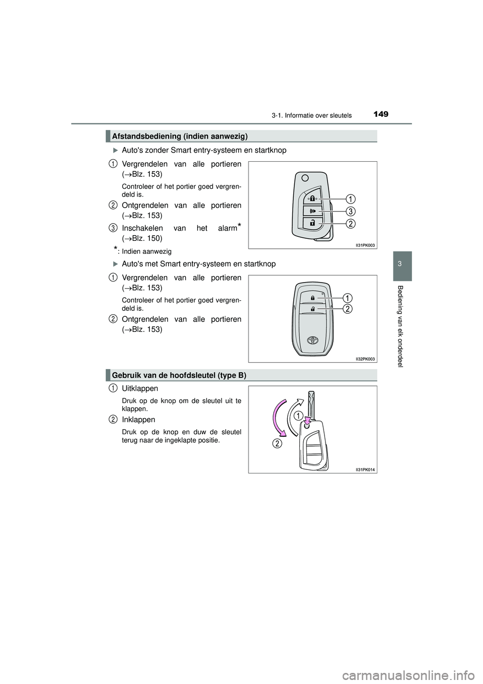TOYOTA HILUX 2022  Instructieboekje (in Dutch) 1493-1. Informatie over sleutels
3
Bediening van elk onderdeel
HILUX_OM_OM0K513E_(EE)
Autos zonder Smart entry-systeem en startknop
Vergrendelen van alle portieren
(Blz. 153)
Controleer of het 
