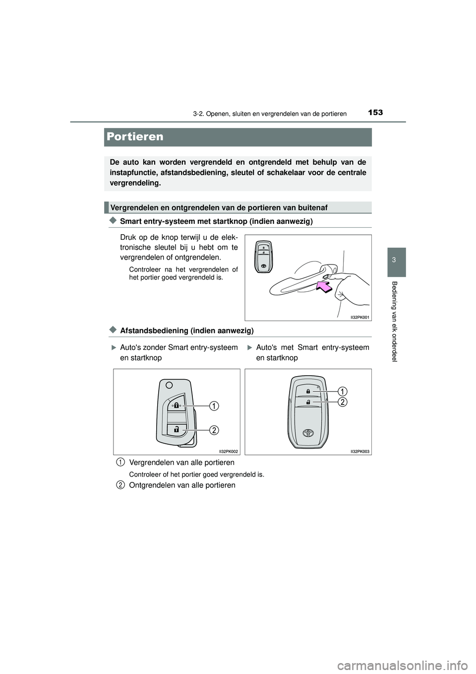 TOYOTA HILUX 2022  Instructieboekje (in Dutch) 153
3
3-2. Openen, sluiten en vergrendelen van de portieren
Bediening van elk onderdeel
HILUX_OM_OM0K513E_(EE)
Por tieren
◆Smart entry-systeem met startknop (indien aanwezig)
Druk op de knop terwijl