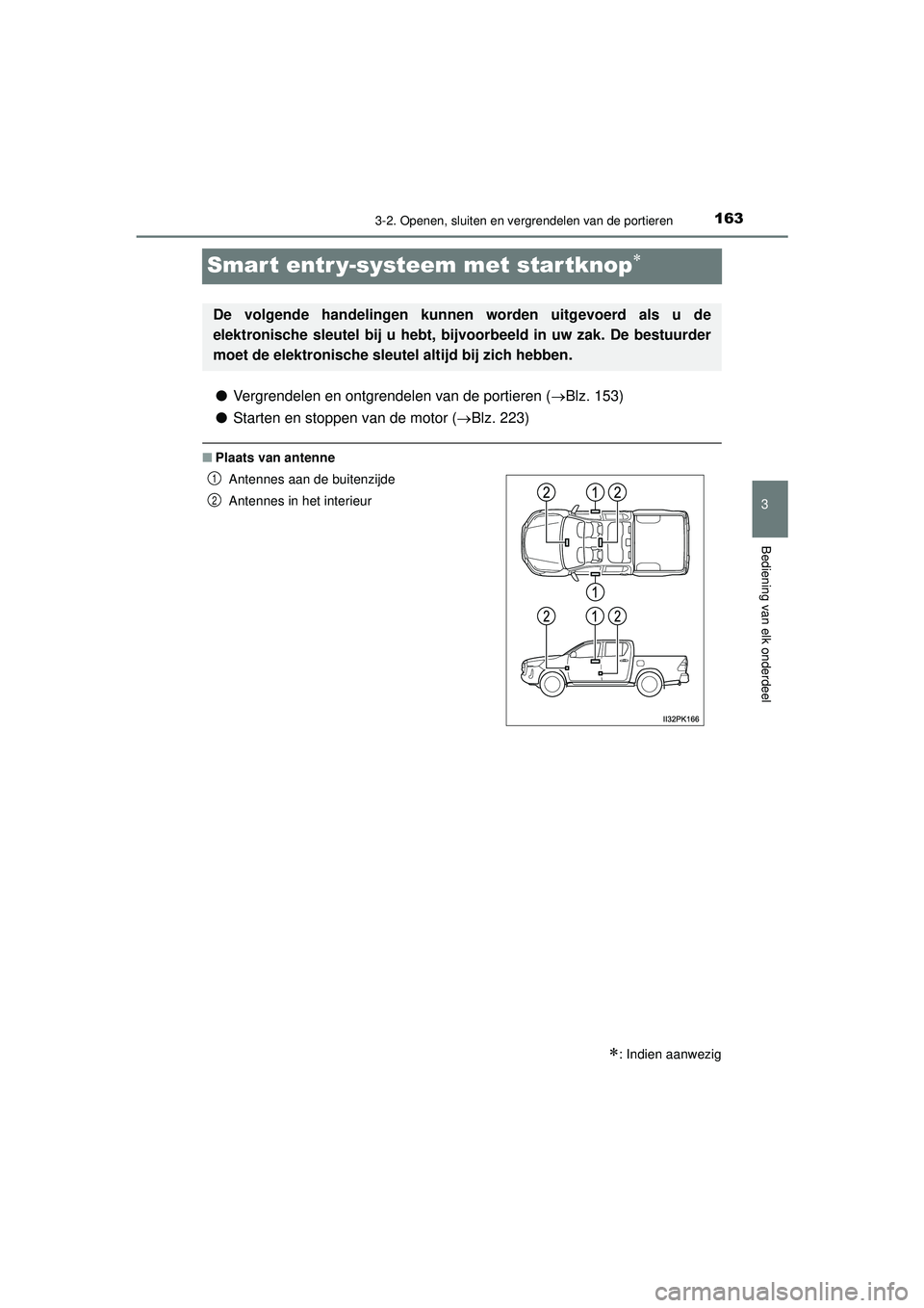 TOYOTA HILUX 2022  Instructieboekje (in Dutch) 163
3
3-2. Openen, sluiten en vergrendelen van de portieren
Bediening van elk onderdeel
HILUX_OM_OM0K513E_(EE)
Smart entr y-systeem met startknop
●Vergrendelen en ontgrendelen van de portieren ( 