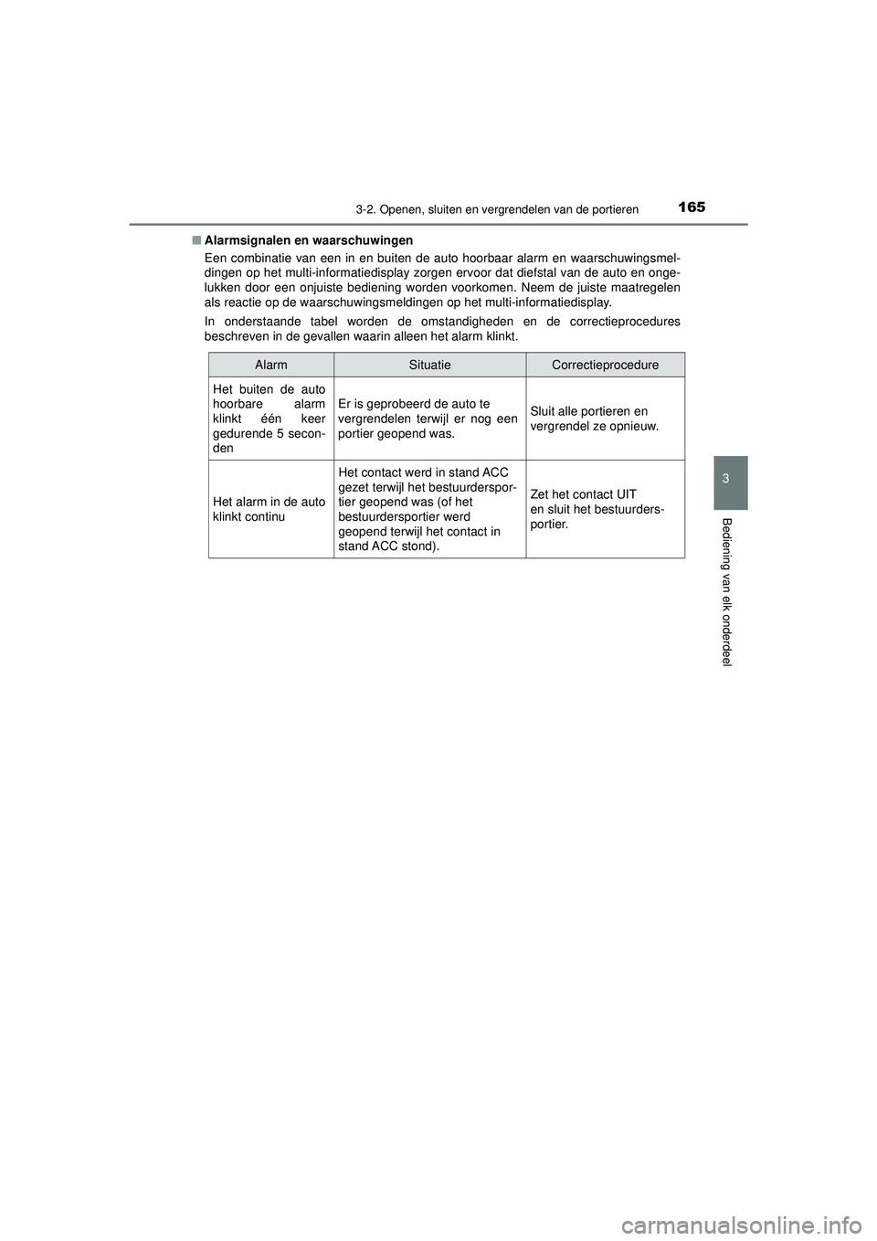 TOYOTA HILUX 2022  Instructieboekje (in Dutch) 1653-2. Openen, sluiten en vergrendelen van de portieren
3
Bediening van elk onderdeel
HILUX_OM_OM0K513E_(EE)■
Alarmsignalen en waarschuwingen
Een combinatie van een in en buiten de auto hoorbaar al