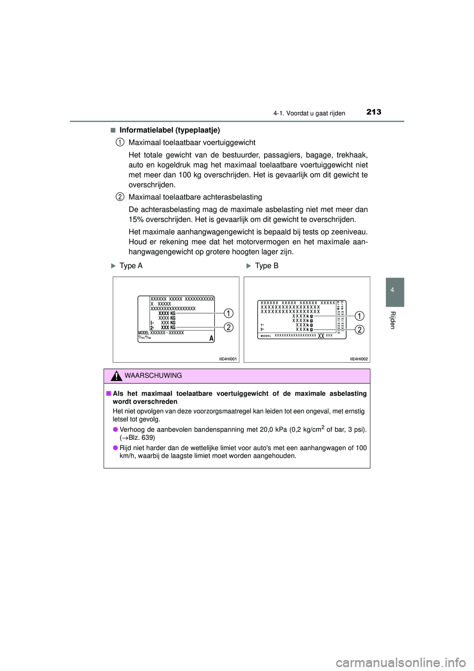 TOYOTA HILUX 2022  Instructieboekje (in Dutch) 2134-1. Voordat u gaat rijden
4
Rijden
HILUX_OM_OM0K513E_(EE)■
Informatielabel (typeplaatje)
Maximaal toelaatbaar voertuiggewicht
Het totale gewicht van de bestuurder, passagiers, bagage, trekhaak,
