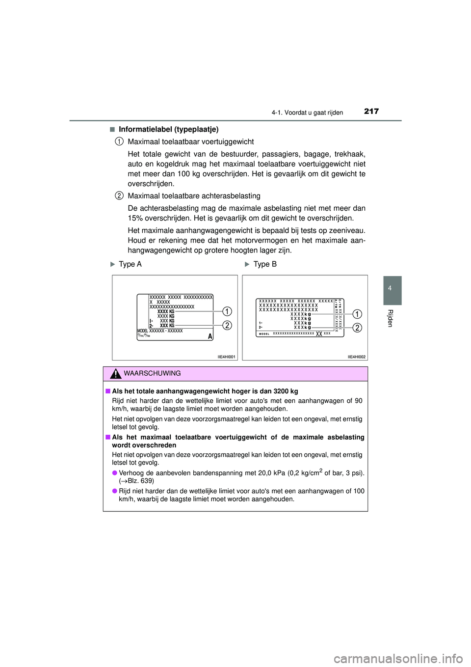 TOYOTA HILUX 2022 Instructieboekje (in Dutch) 2174-1. Voordat u gaat rijden
4
Rijden
HILUX_OM_OM0K513E_(EE)■
Informatielabel (typeplaatje)
Maximaal toelaatbaar voertuiggewicht
Het totale gewicht van de bestuurder, passagiers, bagage, trekhaak,
TOYOTA HILUX 2022 Instructieboekje (in Dutch) 2174-1. Voordat u gaat rijden
4
Rijden
HILUX_OM_OM0K513E_(EE)■
Informatielabel (typeplaatje)
Maximaal toelaatbaar voertuiggewicht
Het totale gewicht van de bestuurder, passagiers, bagage, trekhaak,