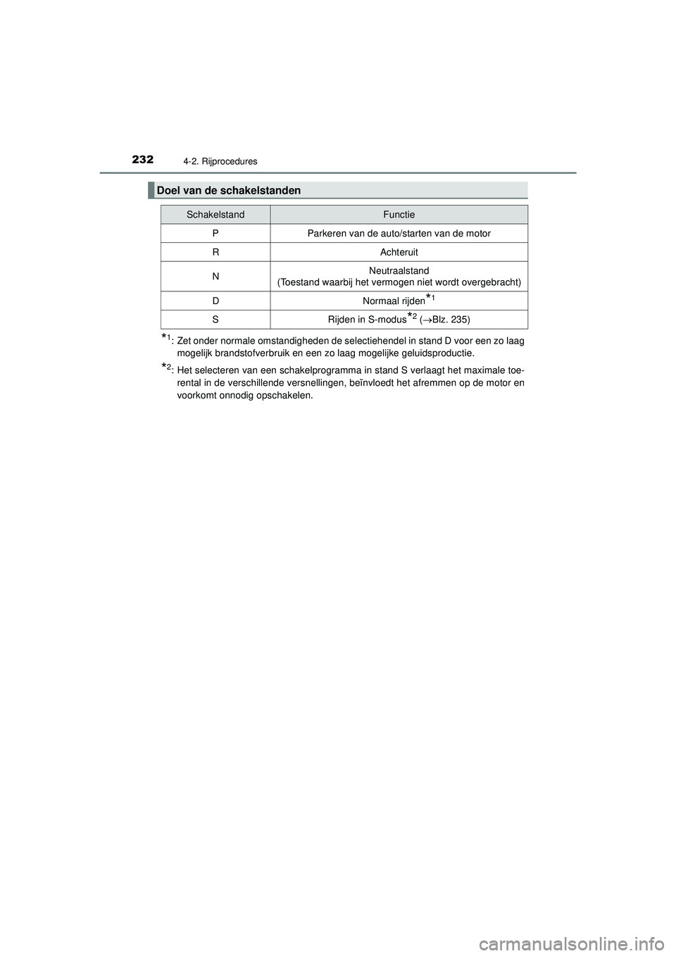 TOYOTA HILUX 2022  Instructieboekje (in Dutch) 2324-2. Rijprocedures
HILUX_OM_OM0K513E_(EE)
*1: Zet onder normale omstandigheden de selectiehendel in stand D voor een zo laagmogelijk brandstofverbruik en een zo laag mogelijke geluidsproductie.
*2: