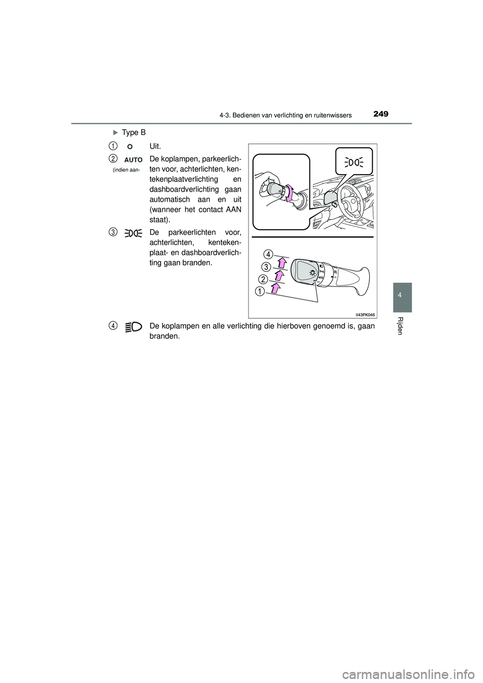 TOYOTA HILUX 2022  Instructieboekje (in Dutch) 2494-3. Bedienen van verlichting en ruitenwissers
4
Rijden
HILUX_OM_OM0K513E_(EE)
Type BUit.
De koplampen, parkeerlich-
ten voor, achterlichten, ken-
tekenplaatverlichting en
dashboardverlichting g