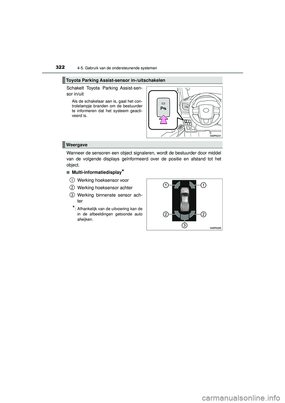 TOYOTA HILUX 2022  Instructieboekje (in Dutch) 3224-5. Gebruik van de ondersteunende systemen
HILUX_OM_OM0K513E_(EE)
Schakelt Toyota Parking Assist-sen-
sor in/uit
Als de schakelaar aan is, gaat het con-
trolelampje branden om de bestuurder
te inf