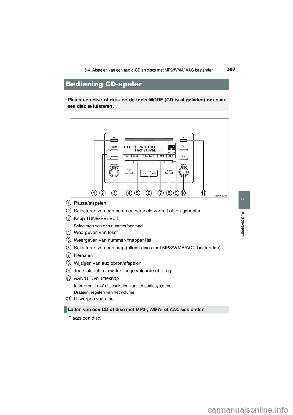 TOYOTA HILUX 2022  Instructieboekje (in Dutch) 387
5
5-4. Afspelen van een audio-CD en discs met MP3/WMA/ AAC-bestanden
Audiosysteem
HILUX_OM_OM0K513E_(EE)
Bediening CD-speler
Pauze/afspelen
Selecteren van een nummer, versneld vooruit of terugspoe