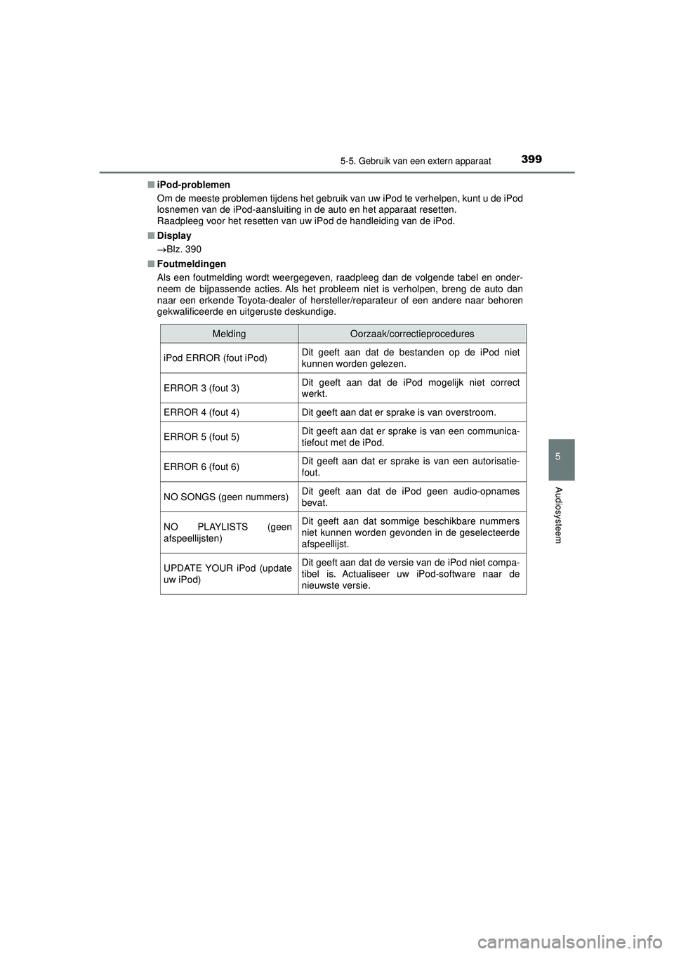TOYOTA HILUX 2022 Instructieboekje (in Dutch) 3995-5. Gebruik van een extern apparaat
5
Audiosysteem
HILUX_OM_OM0K513E_(EE)■
iPod-problemen
Om de meeste problemen tijdens het gebruik van uw iPod te verhelpen, kunt u de iPod
losnemen van de iPod TOYOTA HILUX 2022 Instructieboekje (in Dutch) 3995-5. Gebruik van een extern apparaat
5
Audiosysteem
HILUX_OM_OM0K513E_(EE)■
iPod-problemen
Om de meeste problemen tijdens het gebruik van uw iPod te verhelpen, kunt u de iPod
losnemen van de iPod