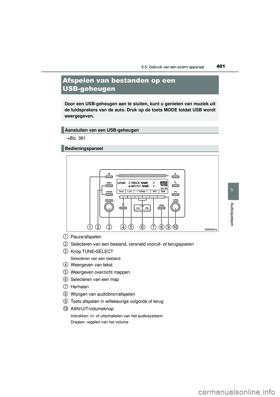 TOYOTA HILUX 2022  Instructieboekje (in Dutch) 401
5
5-5. Gebruik van een extern apparaat
Audiosysteem
HILUX_OM_OM0K513E_(EE)
Afspelen van bestanden op een 
USB-geheugen
Blz. 381Pauze/afspelen
Selecteren van een bestand, versneld vooruit- of te