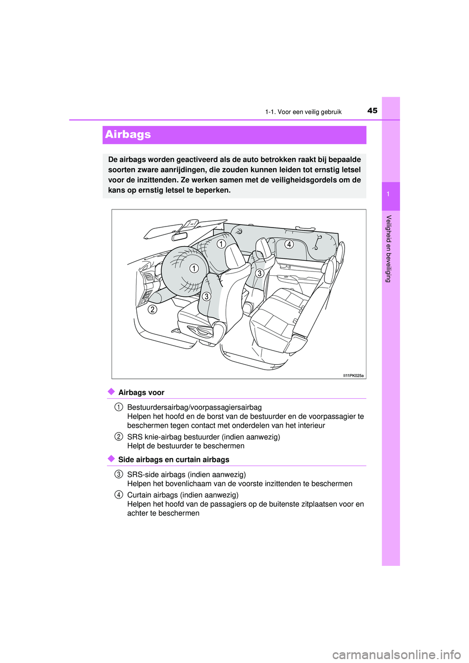TOYOTA HILUX 2022  Instructieboekje (in Dutch) 451-1. Voor een veilig gebruik
1
Veiligheid en beveiliging
HILUX_OM_OM0K513E_(EE)
Airbags
◆Airbags voorBestuurdersairbag/voorpassagiersairbag
Helpen het hoofd en de borst van de bestuurder en de voo