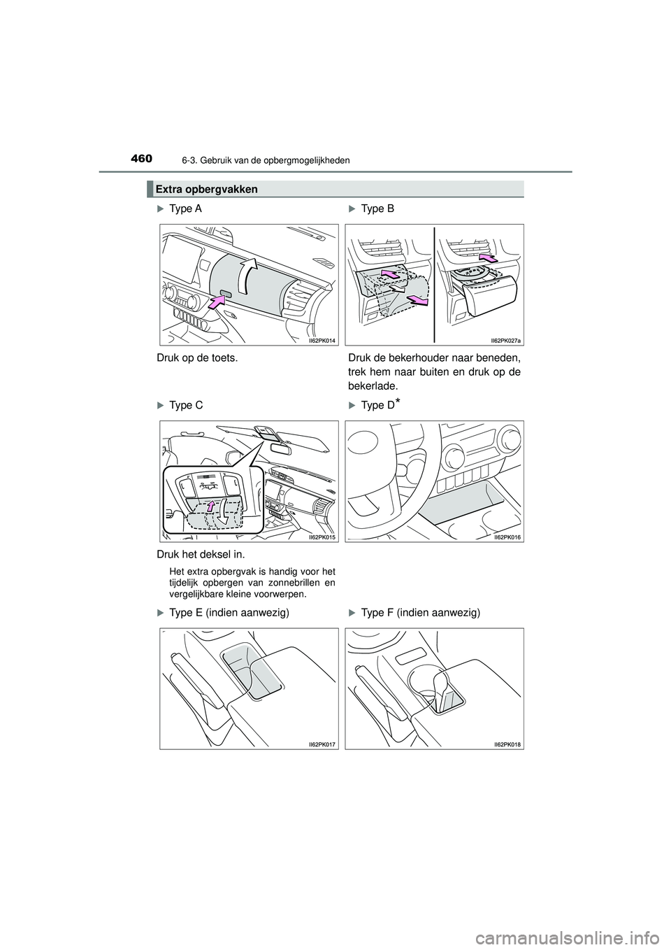 TOYOTA HILUX 2022  Instructieboekje (in Dutch) 460
HILUX_OM_OM0K513E_(EE)
6-3. Gebruik van de opbergmogelijkheden
Extra opbergvakken
Type AType B
Druk op de toets. Druk de bekerhouder naar beneden, trek hem naar buiten en druk op de
bekerlad