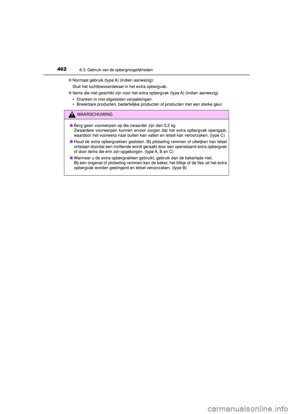 TOYOTA HILUX 2022  Instructieboekje (in Dutch) 462
HILUX_OM_OM0K513E_(EE)
6-3. Gebruik van de opbergmogelijkheden
●Normaal gebruik (type A) (indien aanwezig):
Sluit het luchttoevoerdeksel in het extra opbergvak.
● Items die niet geschikt zijn 
