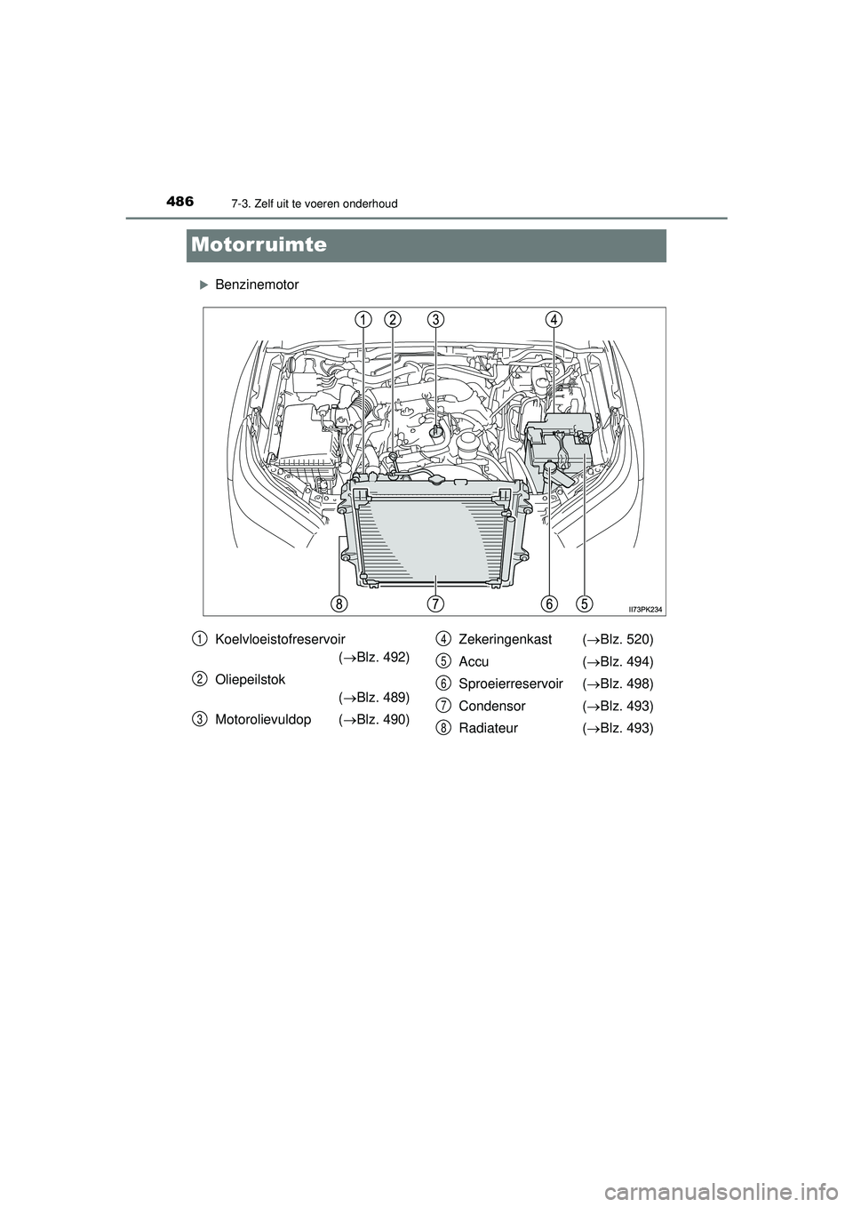 TOYOTA HILUX 2022  Instructieboekje (in Dutch) 4867-3. Zelf uit te voeren onderhoud
HILUX_OM_OM0K513E_(EE)
Motorruimte
Benzinemotor
Koelvloeistofreservoir (Blz. 492)
Oliepeilstok   (Blz. 489)
Motorolievuldop ( Blz. 490)Zekeringenkast (