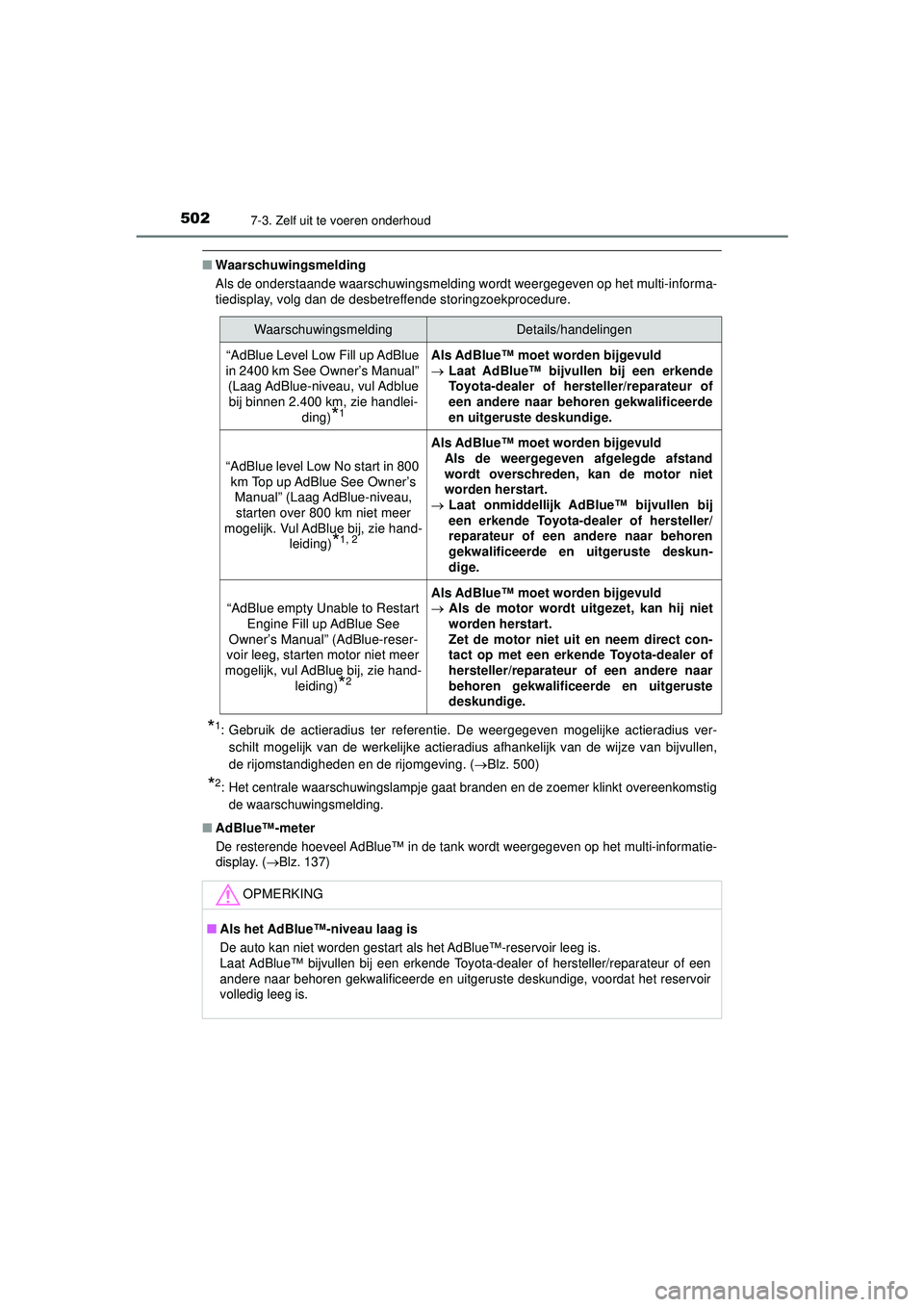 TOYOTA HILUX 2022  Instructieboekje (in Dutch) 5027-3. Zelf uit te voeren onderhoud
HILUX_OM_OM0K513E_(EE)
■Waarschuwingsmelding
Als de onderstaande waarschuwingsmelding  wordt weergegeven op het multi-informa-
tiedisplay, volg dan de desbetreff