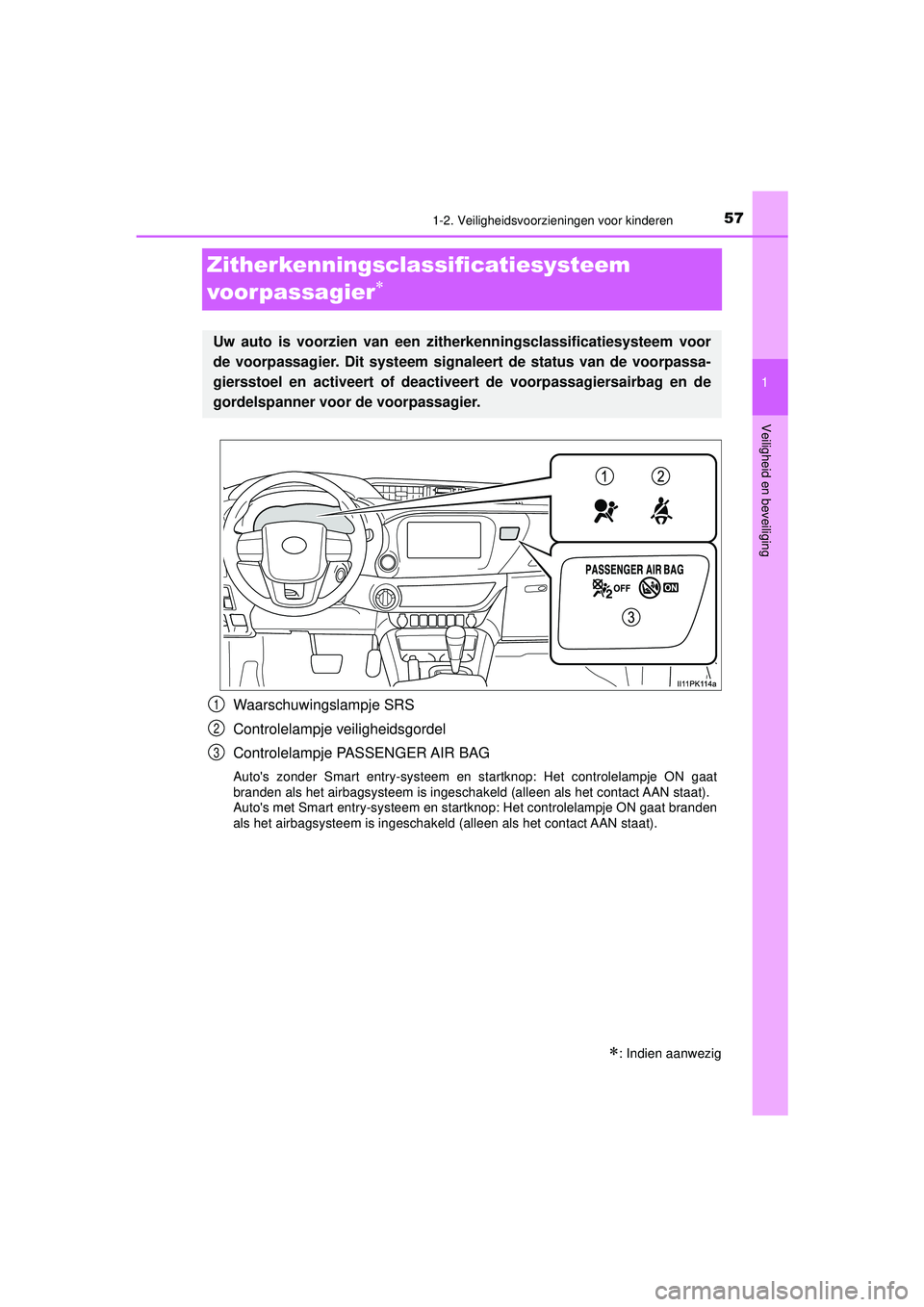 TOYOTA HILUX 2022  Instructieboekje (in Dutch) 571-2. Veiligheidsvoorzieningen voor kinderen
1
HILUX_OM_OM0K513E_(EE)
Veiligheid en beveiliging
Zitherkenningsclassificatiesysteem 
voorpassagier

Waarschuwingslampje SRS
Controlelampje veiligheid
