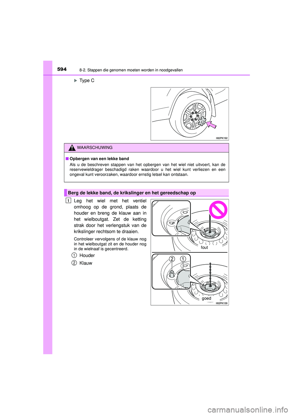TOYOTA HILUX 2022  Instructieboekje (in Dutch) 5948-2. Stappen die genomen moeten worden in noodgevallen
HILUX_OM_OM0K513E_(EE)
Type C
Leg het wiel met het ventiel
omhoog op de grond, plaats de
houder en breng de klauw aan in
het wielboutgat. Z