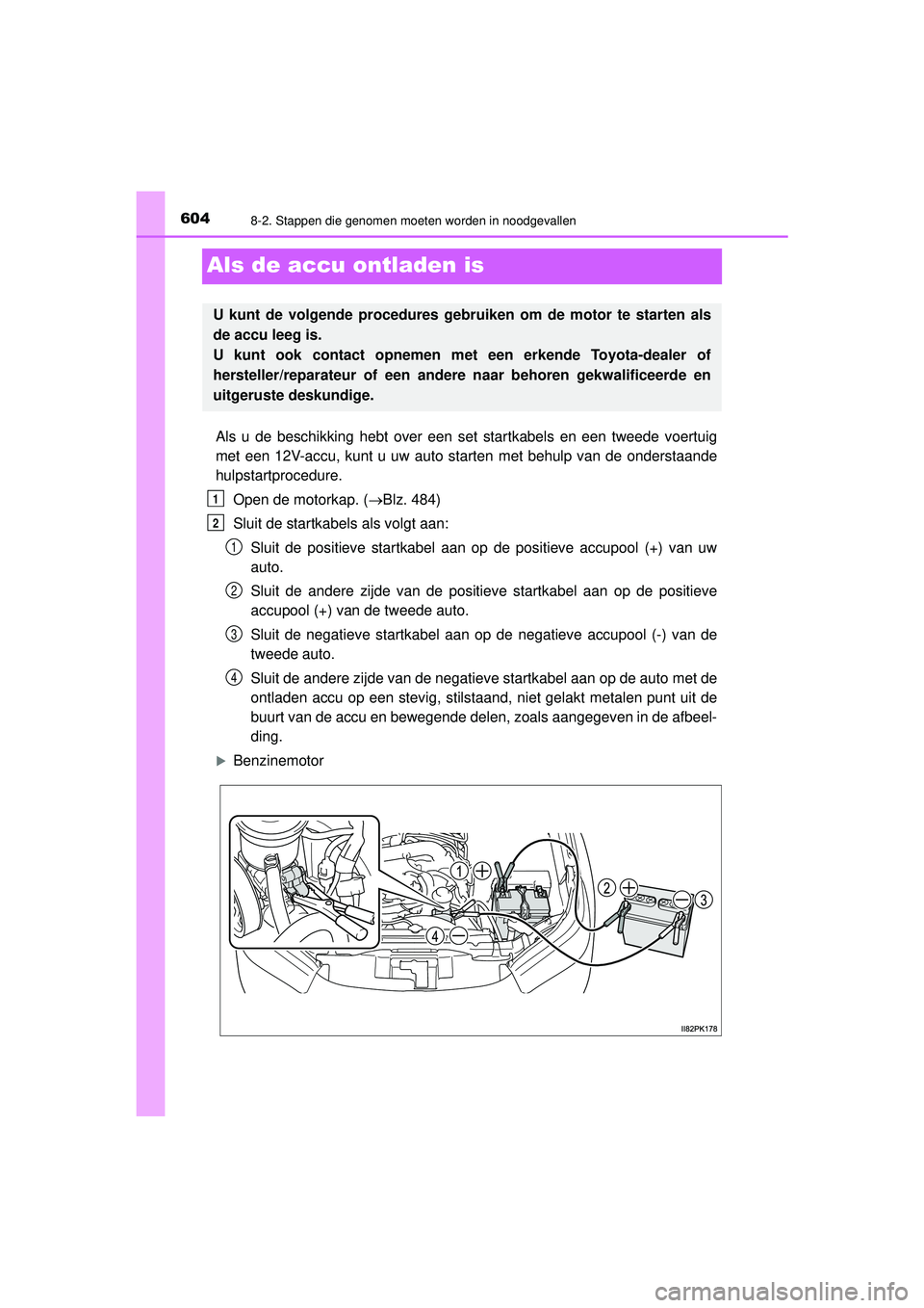 TOYOTA HILUX 2022  Instructieboekje (in Dutch) 6048-2. Stappen die genomen moeten worden in noodgevallen
HILUX_OM_OM0K513E_(EE)
Als de accu ontladen is
Als u de beschikking hebt over een set startkabels en een tweede voertuig
met een 12V-accu, kun
