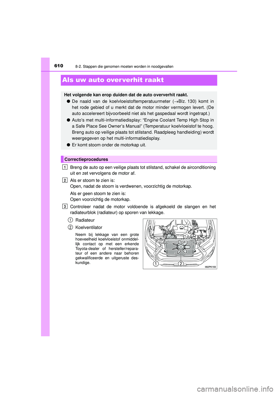 TOYOTA HILUX 2022  Instructieboekje (in Dutch) 6108-2. Stappen die genomen moeten worden in noodgevallen
HILUX_OM_OM0K513E_(EE)
Als uw auto over verhit raakt
Breng de auto op een veilige plaats tot stilstand, schakel de airconditioning
uit en zet 