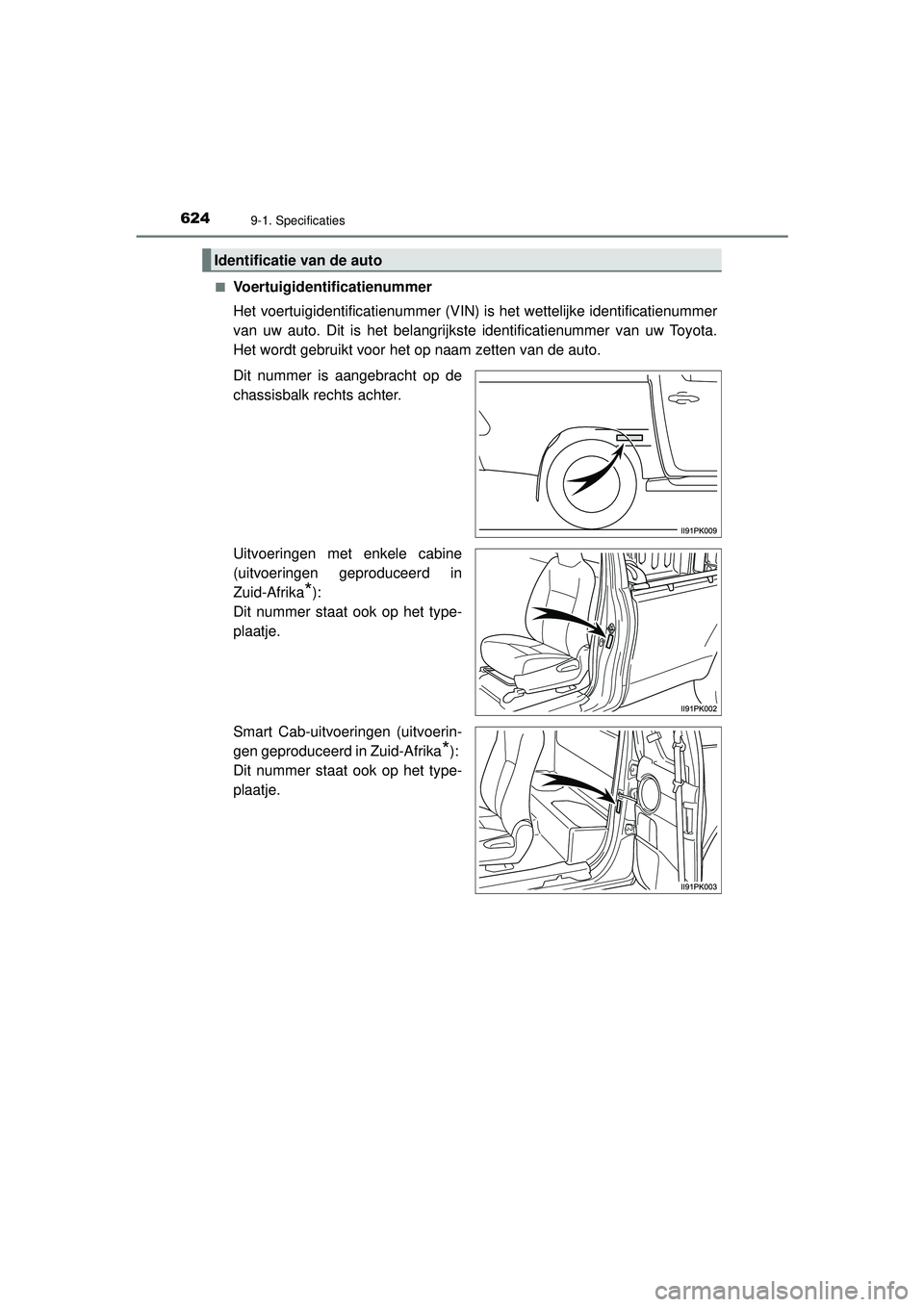 TOYOTA HILUX 2022  Instructieboekje (in Dutch) 6249-1. Specificaties
HILUX_OM_OM0K513E_(EE)■
Voertuigidentificatienummer
Het voertuigidentificatienummer (VIN) is het wettelijke identificatienummer
van uw auto. Dit is het belangrijkste identifica