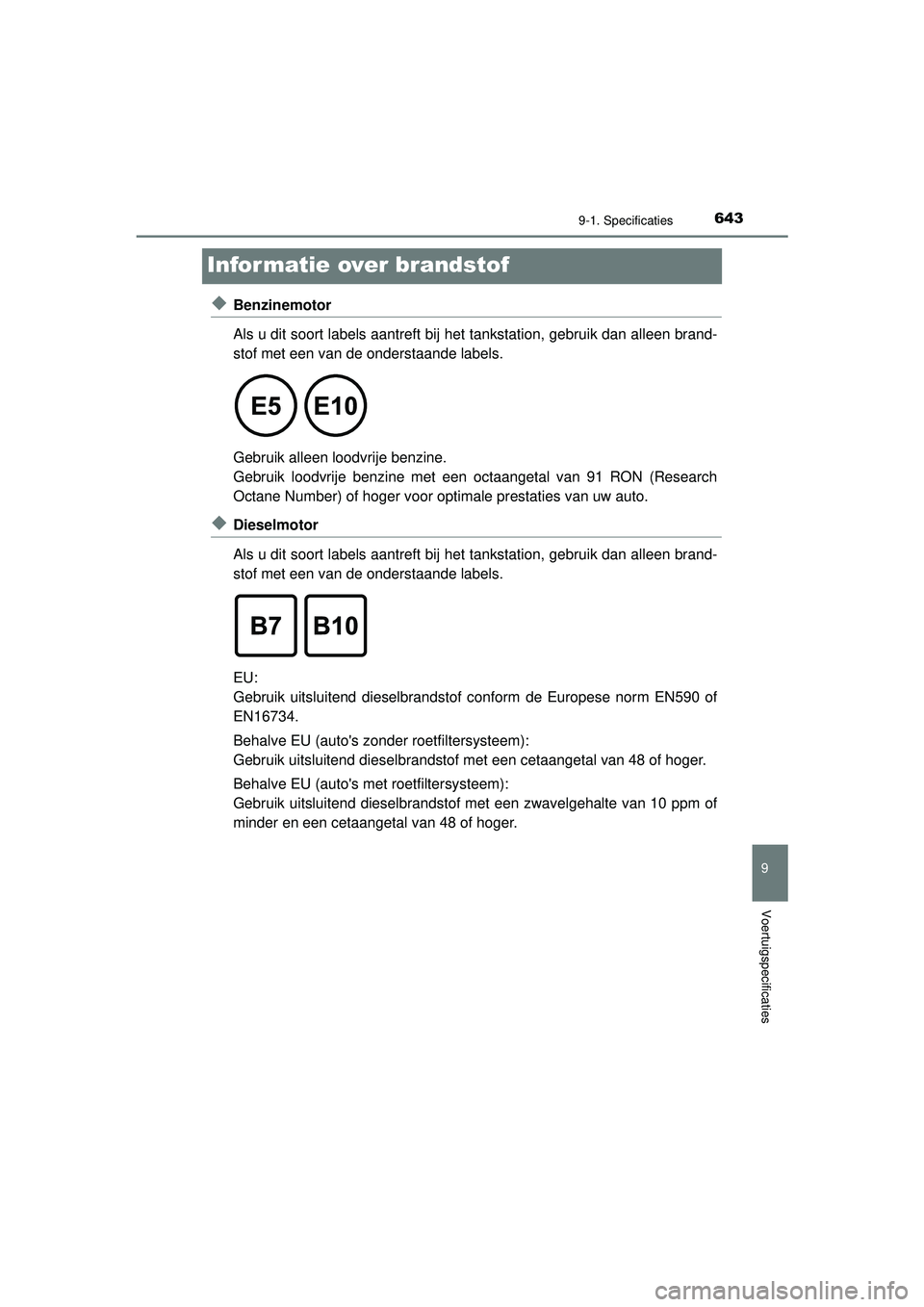 TOYOTA HILUX 2022  Instructieboekje (in Dutch) 6439-1. Specificaties
HILUX_OM_OM0K513E_(EE)
9
Voertuigspecificaties
Informatie over brandstof
◆Benzinemotor
Als u dit soort labels aantreft bij het tankstation, gebruik dan alleen brand-
stof met e